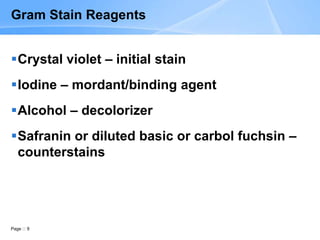 Page 9
Gram Stain Reagents
Crystal violet – initial stain
Iodine – mordant/binding agent
Alcohol – decolorizer
Safranin or diluted basic or carbol fuchsin –
counterstains
 