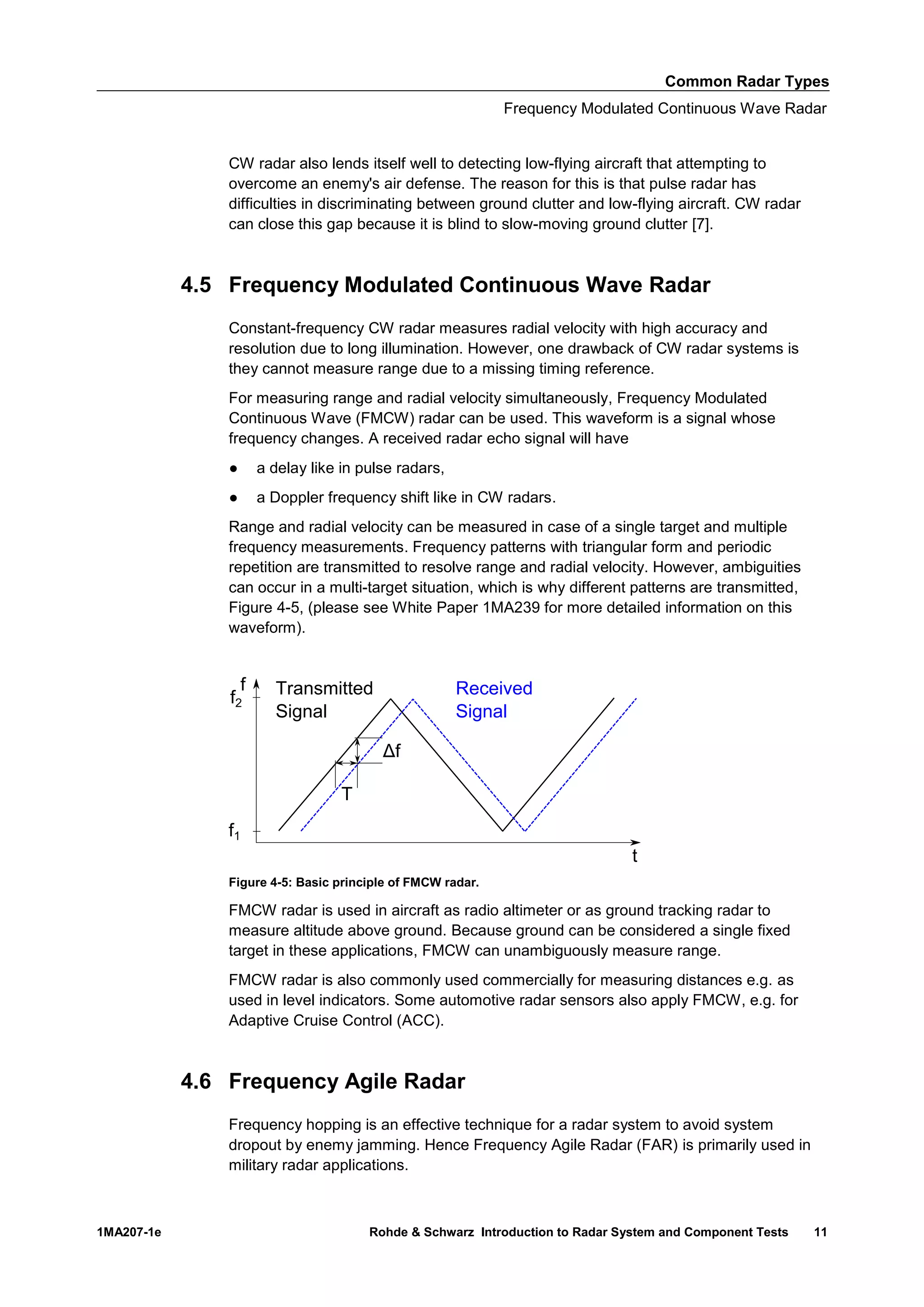 Common Radar Types
Frequency Modulated Continuous Wave Radar
1MA207-1e Rohde & Schwarz Introduction to Radar System and Component Tests 11
CW radar also lends itself well to detecting low-flying aircraft that attempting to
overcome an enemy's air defense. The reason for this is that pulse radar has
difficulties in discriminating between ground clutter and low-flying aircraft. CW radar
can close this gap because it is blind to slow-moving ground clutter [7].
4.5 Frequency Modulated Continuous Wave Radar
Constant-frequency CW radar measures radial velocity with high accuracy and
resolution due to long illumination. However, one drawback of CW radar systems is
they cannot measure range due to a missing timing reference.
For measuring range and radial velocity simultaneously, Frequency Modulated
Continuous Wave (FMCW) radar can be used. This waveform is a signal whose
frequency changes. A received radar echo signal will have
● a delay like in pulse radars,
● a Doppler frequency shift like in CW radars.
Range and radial velocity can be measured in case of a single target and multiple
frequency measurements. Frequency patterns with triangular form and periodic
repetition are transmitted to resolve range and radial velocity. However, ambiguities
can occur in a multi-target situation, which is why different patterns are transmitted,
Figure 4-5, (please see White Paper 1MA239 for more detailed information on this
waveform).
Figure 4-5: Basic principle of FMCW radar.
FMCW radar is used in aircraft as radio altimeter or as ground tracking radar to
measure altitude above ground. Because ground can be considered a single fixed
target in these applications, FMCW can unambiguously measure range.
FMCW radar is also commonly used commercially for measuring distances e.g. as
used in level indicators. Some automotive radar sensors also apply FMCW, e.g. for
Adaptive Cruise Control (ACC).
4.6 Frequency Agile Radar
Frequency hopping is an effective technique for a radar system to avoid system
dropout by enemy jamming. Hence Frequency Agile Radar (FAR) is primarily used in
military radar applications.
 