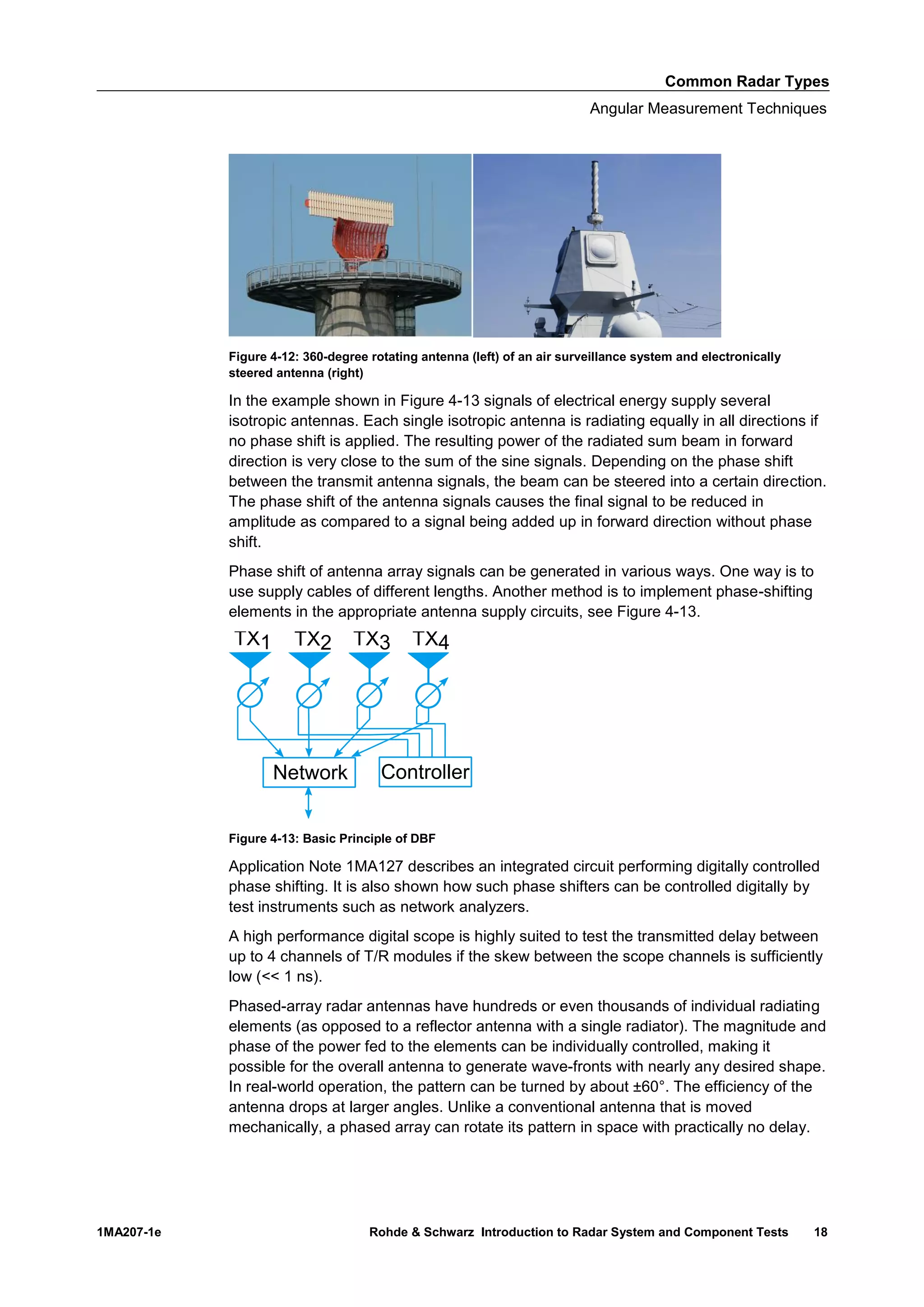 Common Radar Types
Angular Measurement Techniques
1MA207-1e Rohde & Schwarz Introduction to Radar System and Component Tests 18
Figure 4-12: 360-degree rotating antenna (left) of an air surveillance system and electronically
steered antenna (right)
In the example shown in Figure 4-13 signals of electrical energy supply several
isotropic antennas. Each single isotropic antenna is radiating equally in all directions if
no phase shift is applied. The resulting power of the radiated sum beam in forward
direction is very close to the sum of the sine signals. Depending on the phase shift
between the transmit antenna signals, the beam can be steered into a certain direction.
The phase shift of the antenna signals causes the final signal to be reduced in
amplitude as compared to a signal being added up in forward direction without phase
shift.
Phase shift of antenna array signals can be generated in various ways. One way is to
use supply cables of different lengths. Another method is to implement phase-shifting
elements in the appropriate antenna supply circuits, see Figure 4-13.
Figure 4-13: Basic Principle of DBF
Application Note 1MA127 describes an integrated circuit performing digitally controlled
phase shifting. It is also shown how such phase shifters can be controlled digitally by
test instruments such as network analyzers.
A high performance digital scope is highly suited to test the transmitted delay between
up to 4 channels of T/R modules if the skew between the scope channels is sufficiently
low (<< 1 ns).
Phased-array radar antennas have hundreds or even thousands of individual radiating
elements (as opposed to a reflector antenna with a single radiator). The magnitude and
phase of the power fed to the elements can be individually controlled, making it
possible for the overall antenna to generate wave-fronts with nearly any desired shape.
In real-world operation, the pattern can be turned by about ±60°. The efficiency of the
antenna drops at larger angles. Unlike a conventional antenna that is moved
mechanically, a phased array can rotate its pattern in space with practically no delay.
 