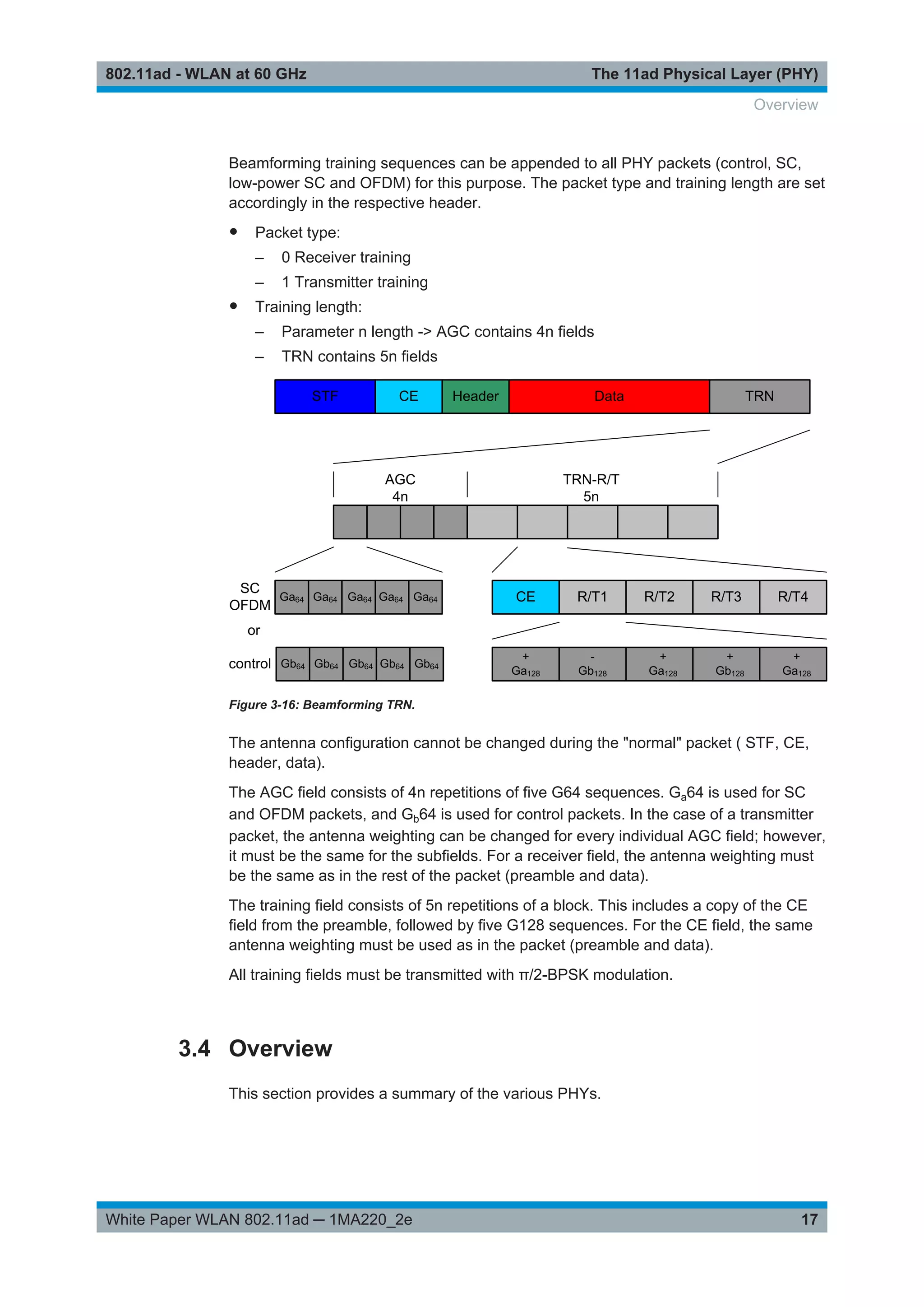 The 11ad Physical Layer (PHY)802.11ad - WLAN at 60 GHz
17White Paper WLAN 802.11ad ─ 1MA220_2e
Beamforming training sequences can be appended to all PHY packets (control, SC,
low-power SC and OFDM) for this purpose. The packet type and training length are set
accordingly in the respective header.
● Packet type:
– 0 Receiver training
– 1 Transmitter training
● Training length:
– Parameter n length -> AGC contains 4n fields
– TRN contains 5n fields
Figure 3-16: Beamforming TRN.
The antenna configuration cannot be changed during the "normal" packet ( STF, CE,
header, data).
The AGC field consists of 4n repetitions of five G64 sequences. Ga64 is used for SC
and OFDM packets, and Gb64 is used for control packets. In the case of a transmitter
packet, the antenna weighting can be changed for every individual AGC field; however,
it must be the same for the subfields. For a receiver field, the antenna weighting must
be the same as in the rest of the packet (preamble and data).
The training field consists of 5n repetitions of a block. This includes a copy of the CE
field from the preamble, followed by five G128 sequences. For the CE field, the same
antenna weighting must be used as in the packet (preamble and data).
All training fields must be transmitted with π/2-BPSK modulation.
3.4 Overview
This section provides a summary of the various PHYs.
Overview
 