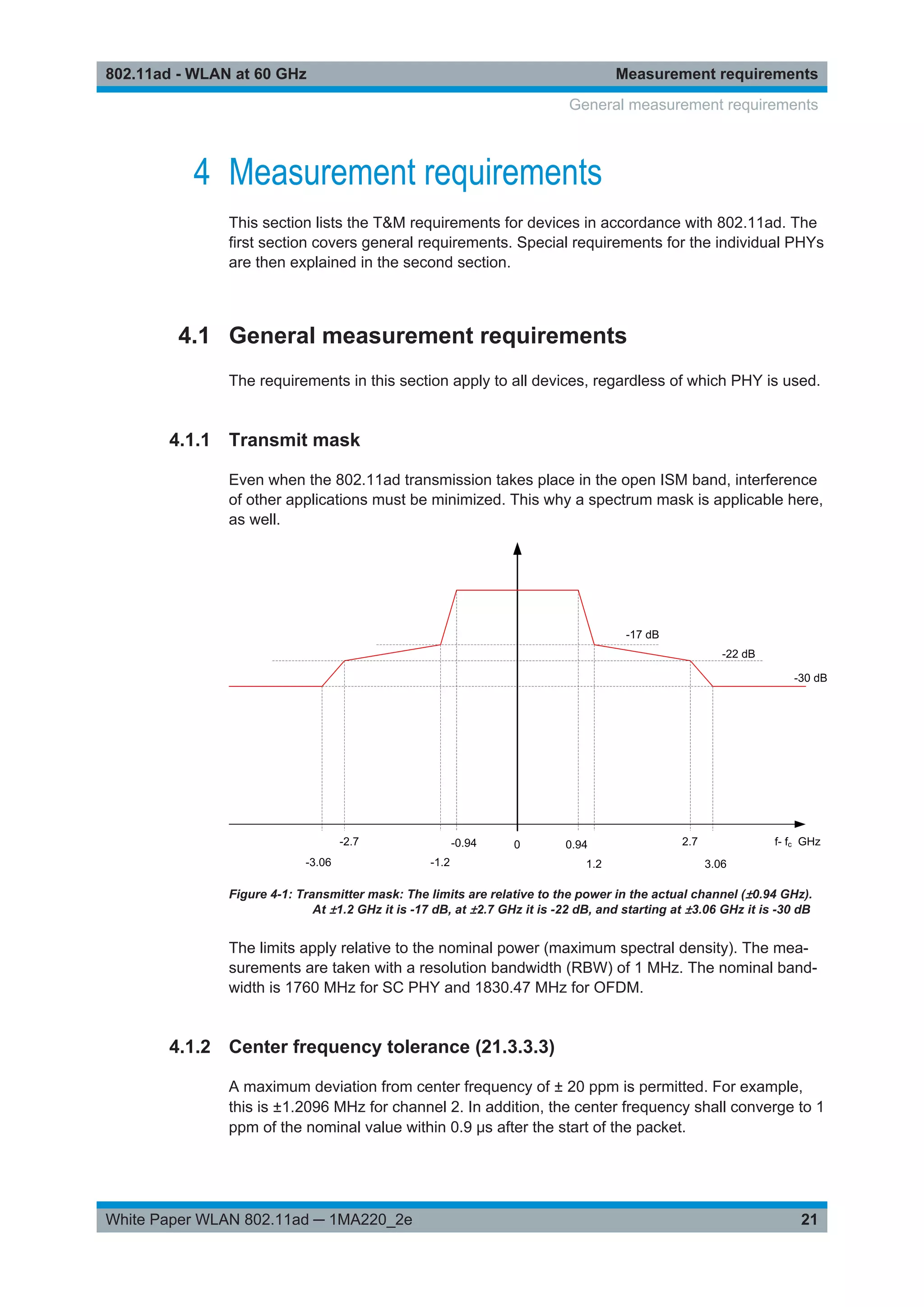 Measurement requirements802.11ad - WLAN at 60 GHz
21White Paper WLAN 802.11ad ─ 1MA220_2e
4 Measurement requirements
This section lists the T&M requirements for devices in accordance with 802.11ad. The
first section covers general requirements. Special requirements for the individual PHYs
are then explained in the second section.
4.1 General measurement requirements
The requirements in this section apply to all devices, regardless of which PHY is used.
4.1.1 Transmit mask
Even when the 802.11ad transmission takes place in the open ISM band, interference
of other applications must be minimized. This why a spectrum mask is applicable here,
as well.
Figure 4-1: Transmitter mask: The limits are relative to the power in the actual channel (±0.94 GHz).
At ±1.2 GHz it is -17 dB, at ±2.7 GHz it is -22 dB, and starting at ±3.06 GHz it is -30 dB
The limits apply relative to the nominal power (maximum spectral density). The mea-
surements are taken with a resolution bandwidth (RBW) of 1 MHz. The nominal band-
width is 1760 MHz for SC PHY and 1830.47 MHz for OFDM.
4.1.2 Center frequency tolerance (21.3.3.3)
A maximum deviation from center frequency of ± 20 ppm is permitted. For example,
this is ±1.2096 MHz for channel 2. In addition, the center frequency shall converge to 1
ppm of the nominal value within 0.9 μs after the start of the packet.
General measurement requirements
 