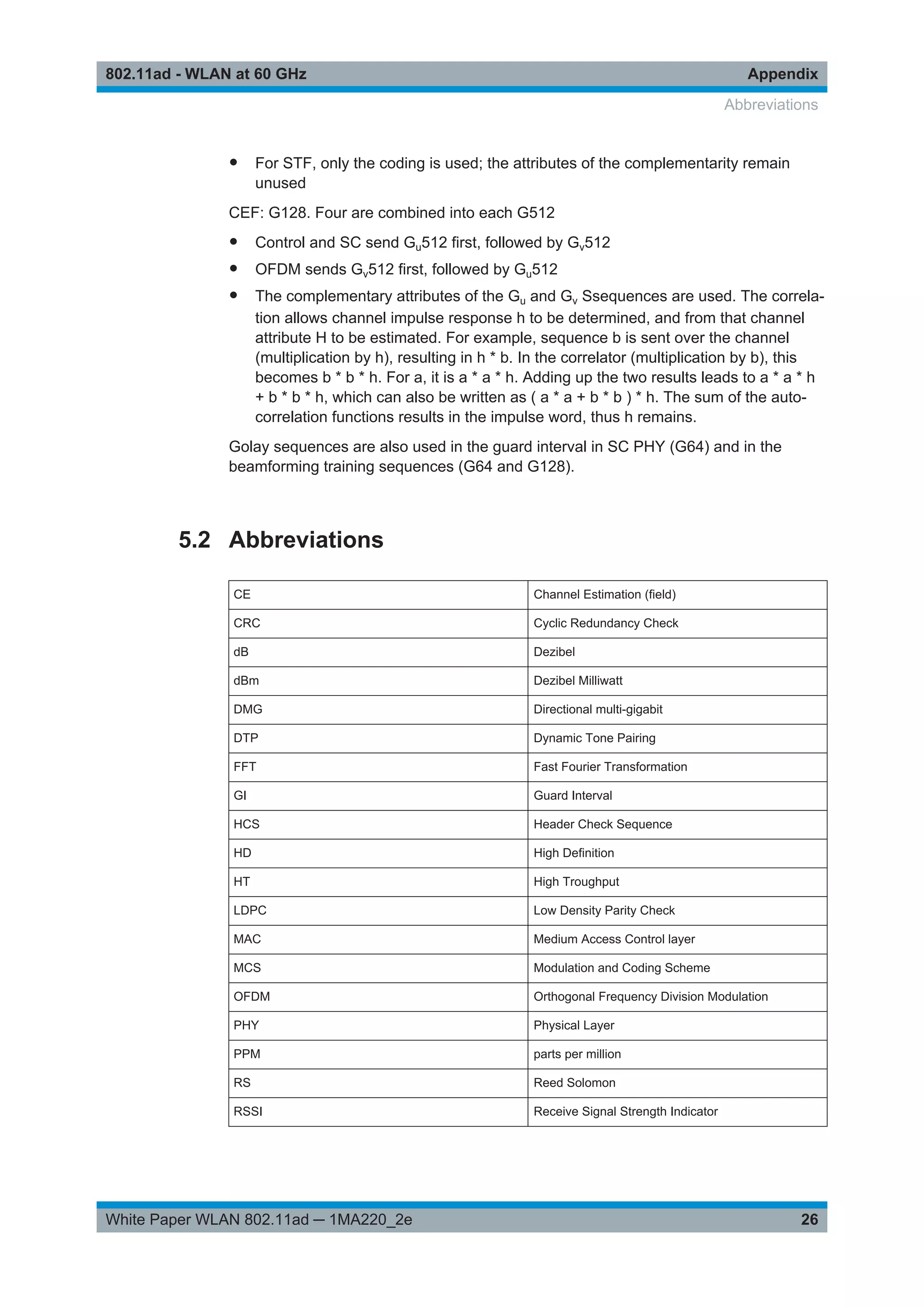 Appendix802.11ad - WLAN at 60 GHz
26White Paper WLAN 802.11ad ─ 1MA220_2e
● For STF, only the coding is used; the attributes of the complementarity remain
unused
CEF: G128. Four are combined into each G512
● Control and SC send Gu512 first, followed by Gv512
● OFDM sends Gv512 first, followed by Gu512
● The complementary attributes of the Gu and Gv Ssequences are used. The correla-
tion allows channel impulse response h to be determined, and from that channel
attribute H to be estimated. For example, sequence b is sent over the channel
(multiplication by h), resulting in h * b. In the correlator (multiplication by b), this
becomes b * b * h. For a, it is a * a * h. Adding up the two results leads to a * a * h
+ b * b * h, which can also be written as ( a * a + b * b ) * h. The sum of the auto-
correlation functions results in the impulse word, thus h remains.
Golay sequences are also used in the guard interval in SC PHY (G64) and in the
beamforming training sequences (G64 and G128).
5.2 Abbreviations
CE Channel Estimation (field)
CRC Cyclic Redundancy Check
dB Dezibel
dBm Dezibel Milliwatt
DMG Directional multi-gigabit
DTP Dynamic Tone Pairing
FFT Fast Fourier Transformation
GI Guard Interval
HCS Header Check Sequence
HD High Definition
HT High Troughput
LDPC Low Density Parity Check
MAC Medium Access Control layer
MCS Modulation and Coding Scheme
OFDM Orthogonal Frequency Division Modulation
PHY Physical Layer
PPM parts per million
RS Reed Solomon
RSSI Receive Signal Strength Indicator
Abbreviations
 