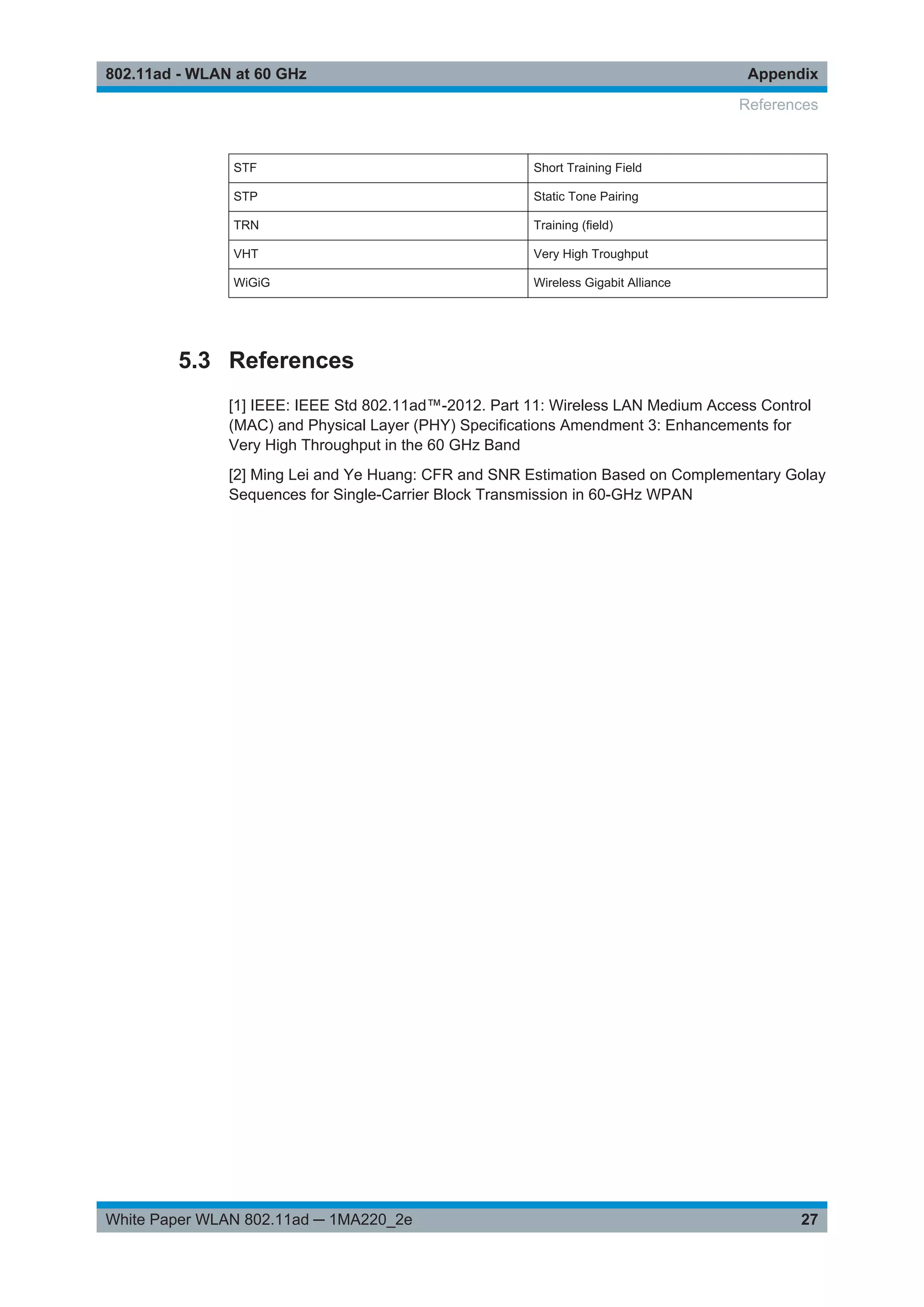 Appendix802.11ad - WLAN at 60 GHz
27White Paper WLAN 802.11ad ─ 1MA220_2e
STF Short Training Field
STP Static Tone Pairing
TRN Training (field)
VHT Very High Troughput
WiGiG Wireless Gigabit Alliance
5.3 References
[1] IEEE: IEEE Std 802.11ad™-2012. Part 11: Wireless LAN Medium Access Control
(MAC) and Physical Layer (PHY) Specifications Amendment 3: Enhancements for
Very High Throughput in the 60 GHz Band
[2] Ming Lei and Ye Huang: CFR and SNR Estimation Based on Complementary Golay
Sequences for Single-Carrier Block Transmission in 60-GHz WPAN
References
 