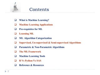 Contents
2
 What is Machine Learning?
 Machine Learning Applications
 Pre-requisites for ML
 Learning ML
 ML Algorithm Categorization
 Supervised, Un-supervised & Semi-supervised Algorithms
 Parametric & Non-Parametric Algorithms
 The ML Framework
 Machine Learning Tools
 R Vs Python Vs SAS
 Reference & Resources
 