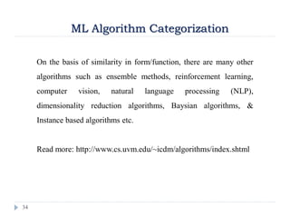 34
ML Algorithm Categorization
On the basis of similarity in form/function, there are many other
algorithms such as ensemble methods, reinforcement learning,
computer vision, natural language processing (NLP),
dimensionality reduction algorithms, Baysian algorithms, &
Instance based algorithms etc.
Read more: http://www.cs.uvm.edu/~icdm/algorithms/index.shtml
 
