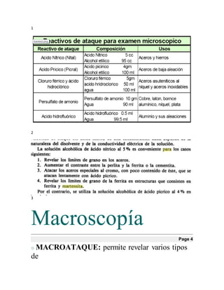 1
2
3
Macroscopía
Page 4
○ MACROATAQUE: permite revelar varios tipos
de
 