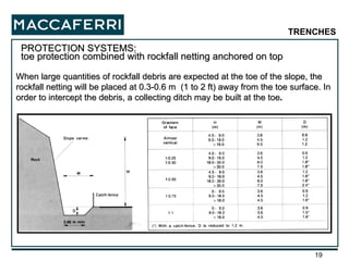 When large quantities of rockfall debris are expected at the toe of the slope, the rockfall netting will be placed at 0.3-0.6 m  (1 to 2 ft) away from the toe surface. In order to intercept the debris, a collecting ditch may be built at the toe . PROTECTION SYSTEMS:  toe protection combined with rockfall netting anchored on top TRENCHES 