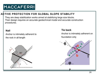 They are deep stabilization works aimed at stabilizing large size blocks. Their design requires an accurate geotechnical model and accurate construction procedures. ACTIVE PROTECTION FOR GLOBAL SLOPE STABILITY Tie back   Anchor is intimately adherent on foundation only Nail Anchor is intimately adherent to the rock in all length T   p a b 