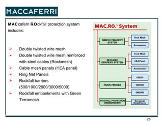 MAC caferri  RO ckfall protection system includes: Double twisted wire mesh Double twisted wire mesh reinforced with steel cables (Rockmesh) Cable mesh panels (HEA panel) Ring Net Panels Rockfall barriers (500/1000/2000/3000/5000) Rockfall embankments with Green Terramesh 