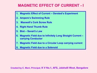 MAGNETIC EFFECT OF CURRENT - I
1. Magnetic Effect of Current – Oersted’s Experiment
2. Ampere’s Swimming Rule
3. Maxwell’s Cork Screw Rule
4. Right Hand Thumb Rule
5. Biot – Savart’s Law
6. Magnetic Field due to Infinitely Long Straight Current –
carrying Conductor
7. Magnetic Field due to a Circular Loop carrying current
8. Magnetic Field due to a Solenoid
Created by C. Mani, Principal, K V No.1, AFS, Jalahalli West, Bangalore
 