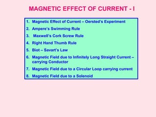 MAGNETIC EFFECT OF CURRENT - I
1. Magnetic Effect of Current – Oersted’s Experiment
2. Ampere’s Swimming Rule
3. Maxwell’s Cork Screw Rule
4. Right Hand Thumb Rule
5. Biot – Savart’s Law
6. Magnetic Field due to Infinitely Long Straight Current –
carrying Conductor
7. Magnetic Field due to a Circular Loop carrying current
8. Magnetic Field due to a Solenoid
 