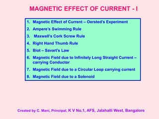 MAGNETIC EFFECT OF CURRENT - I
1. Magnetic Effect of Current – Oersted’s Experiment
2. Ampere’s Swimming Rule
3. Maxwell’s Cork Screw Rule
4. Right Hand Thumb Rule
5. Biot – Savart’s Law
6. Magnetic Field due to Infinitely Long Straight Current –
carrying Conductor
7. Magnetic Field due to a Circular Loop carrying current
8. Magnetic Field due to a Solenoid
Created by C. Mani, Principal, K V No.1, AFS, Jalahalli West, Bangalore
 