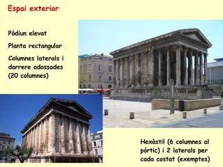 Espai exterior Pòdiun elevat  Planta rectangular Columnes laterals i darrere adossades (20 columnes) Hexàstil (6 columnes al pòrtic) i 2 laterals per cada costat (exemptes) 