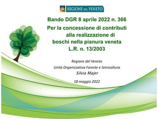 Bando DGR 8 aprile 2022 n. 366
Per la concessione di contributi
alla realizzazione di
boschi nella pianura veneta
L.R. n. 13/2003
Regione del Veneto
Unità Organizzativa Foreste e Selvicoltura
Silvia Majer
18 maggio 2022
 