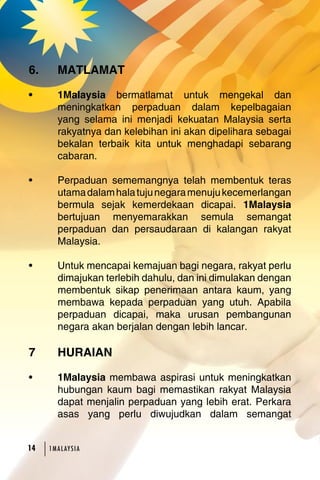 6. MATLAMAT 
• 1Malaysia bermatlamat untuk mengekal dan 
meningkatkan perpaduan dalam kepelbagaian 
yang selama ini menjadi kekuatan Malaysia serta 
rakyatnya dan kelebihan ini akan dipelihara sebagai 
bekalan terbaik kita untuk menghadapi sebarang 
cabaran. 
• Perpaduan sememangnya telah membentuk teras 
utama dalam hala tuju negara menuju kecemerlangan 
bermula sejak kemerdekaan dicapai. 1Malaysia 
bertujuan menyemarakkan semula semangat 
perpaduan dan persaudaraan di kalangan rakyat 
Malaysia. 
• Untuk mencapai kemajuan bagi negara, rakyat perlu 
dimajukan terlebih dahulu, dan ini dimulakan dengan 
membentuk sikap penerimaan antara kaum, yang 
membawa kepada perpaduan yang utuh. Apabila 
perpaduan dicapai, maka urusan pembangunan 
negara akan berjalan dengan lebih lancar. 
7 HURAIAN 
• 1Malaysia membawa aspirasi untuk meningkatkan 
hubungan kaum bagi memastikan rakyat Malaysia 
dapat menjalin perpaduan yang lebih erat. Perkara 
asas yang perlu diwujudkan dalam semangat 
14 1MA L AY S I A 
 