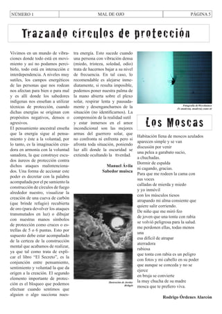 NÚMERO 1

PÁGINA 5

MAL DE OJO

azando círculos de protección
Vivimos en un mundo de vibraciones donde todo está en movimiento y así no podamos percibirlo, todo está en interacción e
interdependencia. A niveles muy
sutiles, los campos energéticos
de las personas que nos rodean
nos afectan para bien o para mal
y es allí donde los sabedores
indígenas nos enseñan a utilizar
técnicas de protección, cuando
dichas energías se originan con
propósitos negativos, densos o
agresivos.
El pensamiento ancestral enseña
que la energía sigue al pensamiento y éste a la voluntad, por
lo tanto, es la imaginación creadora en armonía con la voluntad
sanadora, la que construye escudos áureos de protección contra
dichos ataques malintencionados. Una forma de accionar este
poder es decretar con la palabra
acompañada por el pe samiento la
construcción de círculos de fuego
alrededor nuestro, visualizar la
creación de una cueva de carbón
(que brinde refugio) recubierta
de oro (para devolver los ataques
transmutados en luz) o dibujar
con nuestras manos símbolos
de protección como cruces o estrellas de 5 o 6 puntas. Esto por
supuesto debe estar acompañado
de la certeza de la construcción
mental que acabamos de realizar,
ya que tal como trata de explicar el libro “El Secreto”, es la
conjunción entre pensamiento,
sentimiento y voluntad la que da
origen a la creación. El segundo
elemento importante de protección es el bloqueo que podemos
efectuar cuando sentimos que
alguien o algo succiona nues-

tra energía. Esto sucede cuando
una persona con vibración densa
(miedo, tristeza, soledad, odio)
trata de hacernos bajar a su nivel
de frecuencia. En tal caso, lo
recomendable es alejarse inmediatamente, si resulta imposible,
podemos poner nuestra palma de
la mano abierta sobre el plexo
solar, respirar lenta y pausadamente y desengancharnos de la
situación (no identificarnos). La
comprensión de la realidad sutil
y estar inmersos en el amor
incondicional son las mejores
armas del guerrero solar, que
no confronta ni enfrenta pero si
afronta toda situación, poniendo
luz allí donde la oscuridad se
extiende ocultando la ttverdad.
Manuel Ávila
Sabedor muisca

Ilustración de Jordny

Refugio

Fotografía deWeyehuinca
Es moderna, moderna como tú

Los Moscas
Habitación llena de moscos azulados
aparecen simple y se van
discusión por venir
una pelea a garabato sucio,
a chuchadas.
Dormir de espalda
ni cagando, gracias.
Para que me rodeen la cama con
sus voces
calladas de mierda y miedo
y yo inmóvil
con los músculos tiesos
atrapando mi alma consiente que
quiere salir corriendo.
De niño que me miró feo
de joven que una tonta con rabia
se volvió peligrosa para la salud.
me perdonen ellas, todas menos
una
esa difícil de atrapar
aterradora
rabiosa
que tonta con rabia es un peligro
con fotos y mi cabello en su poder
que aunque se conceda y no se
ejerce
en bruja se convierte
la muy chucha de su madre
mosca que te prefiero viva.
Rodrigo Órdenes Alarcón

 