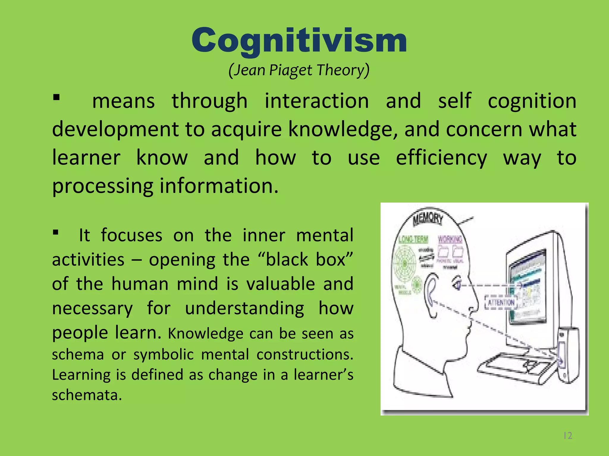 12
Cognitivism
(Jean Piaget Theory)
 It focuses on the inner mental
activities – opening the “black box”
of the human mind is valuable and
necessary for understanding how
people learn. Knowledge can be seen as
schema or symbolic mental constructions.
Learning is defined as change in a learner’s
schemata.
 means through interaction and self cognition
development to acquire knowledge, and concern what
learner know and how to use efficiency way to
processing information.
 