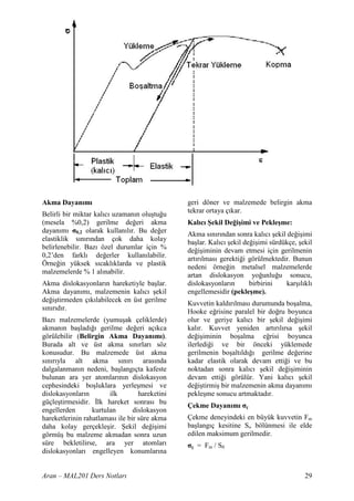Akma Dayan m                                   geri döner ve malzemede belirgin akma
                                               tekrar ortaya ç kar.
Belirli bir miktar kal c uzaman n olu tu u
(mesela %0,2) gerilme de eri akma              Kal c    ekil De i imi ve Pekle me:
dayan m 0,2 olarak kullan l r. Bu de er        Akma s n r ndan sonra kal c ekil de i imi
elastiklik s n r ndan çok daha kolay           ba lar. Kal c ekil de i imi sürdükçe, ekil
belirlenebilir. Baz özel durumlar için %       de i iminin devam etmesi için gerilmenin
0,2’den farkl de erler kullan labilir.         art r lmas gerekti i görülmektedir. Bunun
Örne in yüksek s cakl klarda ve plastik        nedeni örne in metalsel malzemelerde
malzemelerde % 1 al nabilir.                   artan dislokasyon yo unlu u sonucu,
Akma dislokasyonlar n hareketiyle ba lar.      dislokasyonlar n     birbirini   kar l kl
Akma dayan m , malzemenin kal c ekil           engellemesidir (pekle me).
de i tirmeden ç k labilecek en üst gerilme     Kuvvetin kald r lmas durumunda bo alma,
s n r d r.                                     Hooke e risine paralel bir do ru boyunca
Baz malzemelerde (yumu ak çeliklerde)          olur ve geriye kal c bir ekil de i imi
akman n ba lad       gerilme de eri aç kca     kal r. Kuvvet yeniden art r l rsa ekil
görülebilir (Belirgin Akma Dayan m ).          de i iminin bo alma e risi boyunca
Burada alt ve üst akma s n rlar söz            ilerledi i ve bir önceki yüklemede
konusudur. Bu malzemede üst akma               gerilmenin bo alt ld    gerilme de erine
s n r yla alt akma s n r            aras nda   kadar elastik olarak devam etti i ve bu
dalgalanman n nedeni, ba lang çta kafeste      noktadan sonra kal c ekil de i iminin
bulunan ara yer atomlar n n dislokasyon        devam etti i görülür. Yani kal c ekil
cephesindeki bo luklara yerle mesi ve          de i tirmi bir malzemenin akma dayan m
dislokasyonlar n        ilk       hareketini   pekle me sonucu artmaktad r.
güçle tirmesidir. Rlk hareket sonras bu
                                               Çekme Dayan m       ç
engellerden       kurtulan      dislokasyon
hareketlerinin rahatlamas ile bir süre akma    Çekme deneyindeki en büyük kuvvetin Fm
daha kolay gerçekle ir. 6ekil de i imi         ba lang ç kesitine So bölünmesi ile elde
görmü bu malzeme akmadan sonra uzun            edilen maksimum gerilmedir.
süre bekletilirse, ara yer atomlar              ç   = Fm / S0
dislokasyonlar engelleyen konumlar na


Aran – MAL201 Ders Notlar                                                             29
 