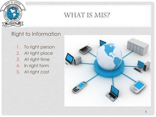 WHAT IS MIS?
Right to Information
1. To right person
2. At right place
3. At right time
4. In right form
5. At right cost
5
 