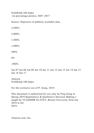 NASDAQ-100 Index
(in percentage points), 2007–2017
Source: Depiction of publicly available data.
2,500%
2,000%
1,500%
1,000%
500%
0%
-500%
Jan 07 Jan 08 Jan 09 Jan 10 Jan 11 Jan 12 Jan 13 Jan 14 Jan 15
Jan 16 Jan 17
Amazon
NASDAQ-100 Index
For the exclusive use of P. Gong, 2019.
This document is authorized for use only by Ping Gong in
Spring 2019 Quantitative & Qualitative Decision Making-1
taught by VLADIMIR ZLATEV, Boston University from Jan
2019 to Jul
2019.
Amazon.com, Inc.
 