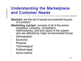 Understanding the Marketplace
and Customer Needs
Markets are the set of actual and potential buyers
of a product
Marketing system consists of all of the actors
(suppliers, company, competitors,
intermediaries, and end users) in the system
who are affected by major environmental forces
• Demographic
• Economic
• Physical
• Technological
• Political–legal
• Socio-cultural
1-12
 