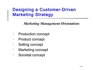 Designing a Customer-Driven
Marketing Strategy
Marketing Management Orientations
• Production concept
• Product concept
• Selling concept
• Marketing concept
• Societal concept
1-18
 