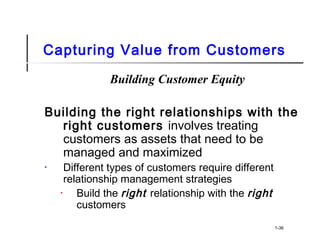 Capturing Value from Customers
Building Customer Equity
Building the right relationships with the
right customers involves treating
customers as assets that need to be
managed and maximized
• Different types of customers require different
relationship management strategies
• Build the right relationship with the right
customers
1-36
 