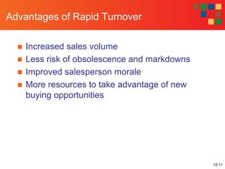 12-11
Advantages of Rapid Turnover
■ Increased sales volume
■ Less risk of obsolescence and markdowns
■ Improved salesperson morale
■ More resources to take advantage of new
buying opportunities
 