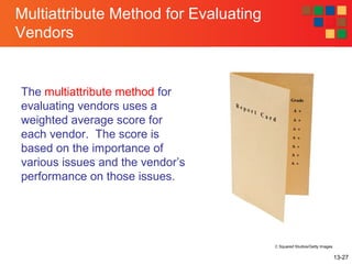 13-27
Multiattribute Method for Evaluating
Vendors
The multiattribute method for
evaluating vendors uses a
weighted average score for
each vendor. The score is
based on the importance of
various issues and the vendor’s
performance on those issues.
C Squared Studios/Getty Images
 