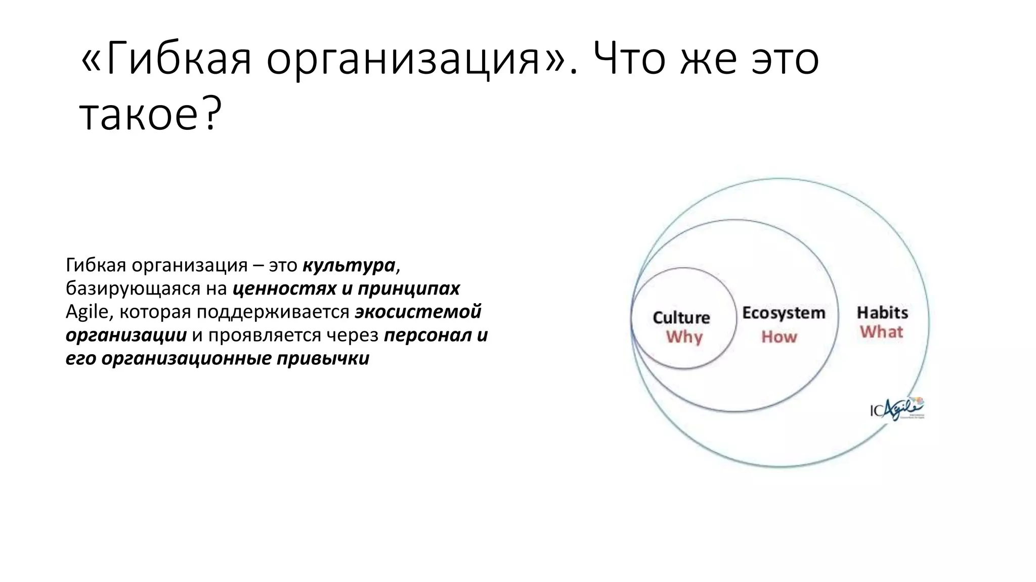 «Гибкая организация». Что же это
такое?
Гибкая организация – это культура,
базирующаяся на ценностях и принципах
Agile, которая поддерживается экосистемой
организации и проявляется через персонал и
его организационные привычки
 
