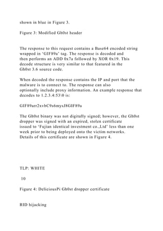 shown in blue in Figure 3.
Figure 3: Modified Gh0st header
The response to this request contains a Base64 encoded string
wrapped in ‘GIF89a’ tag. The response is decoded and
then performs an ADD 0x7a followed by XOR 0x19. This
decode structure is very similar to that featured in the
Gh0st 3.6 source code.
When decoded the response contains the IP and port that the
malware is to connect to. The response can also
optionally include proxy information. An example response that
decodes to 1.2.3.4:530 is:
GIF89arr2xvbC9s6mysJ8GIF89a
The Gh0st binary was not digitally signed; however, the Gh0st
dropper was signed with an expired, stolen certificate
issued to ‘Fujian identical investment co.,Ltd’ less than one
week prior to being deployed onto the victim networks.
Details of this certificate are shown in Figure 4.
TLP: WHITE
10
Figure 4: DeliciousPi Gh0st dropper certificate
RID hijacking
 