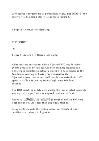 user accounts (regardless of permission level). The output of the
actor’s RID hijacking utility is shown in Figure 5.
6 http://csl.com.co/rid-hijacking/
TLP: WHITE
11
Figure 5: Actors RID Hijack tool output
After creating an account with a hijacked RID any Windows
events generated by this account (for example logging into
a system or mounting a network share) will be recorded in the
Windows event log as having been caused by the
hijacked account. An actor could use this to make their traffic
appear as if it was coming from a legitimate Windows
account.
The RID hijacking utility used during the investigated incidents
was digitally signed with an expired, stolen certificate
issued to ‘上海域联软件技术有限公司’ (Shanghai YuLian Software
Technology co. Ltd.) less than one week prior to
being deployed onto the victim networks. Details of this
certificate are shown in Figure 6.
 