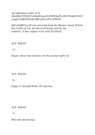 An additional wallet id of
48edfHu7V9Z84YzzMa6fUueoELZ9ZRXq9VetWzYGzKt52XU5
xvqgzYnDK9URnRoJMk1j8nLwEVsaSWJ4f
hdUyZijBGUicoD was extracted from the Monero miner. Whilst
this wallet id was not observed being used by the
malware, it does appear to be used elsewhere.
TLP: WHITE
15
Figure shows the statistics for the second wallet id.
TLP: WHITE
16
Figure 8: Second Wallet ID statistics
TLP: WHITE
17
SEO and advertising
 