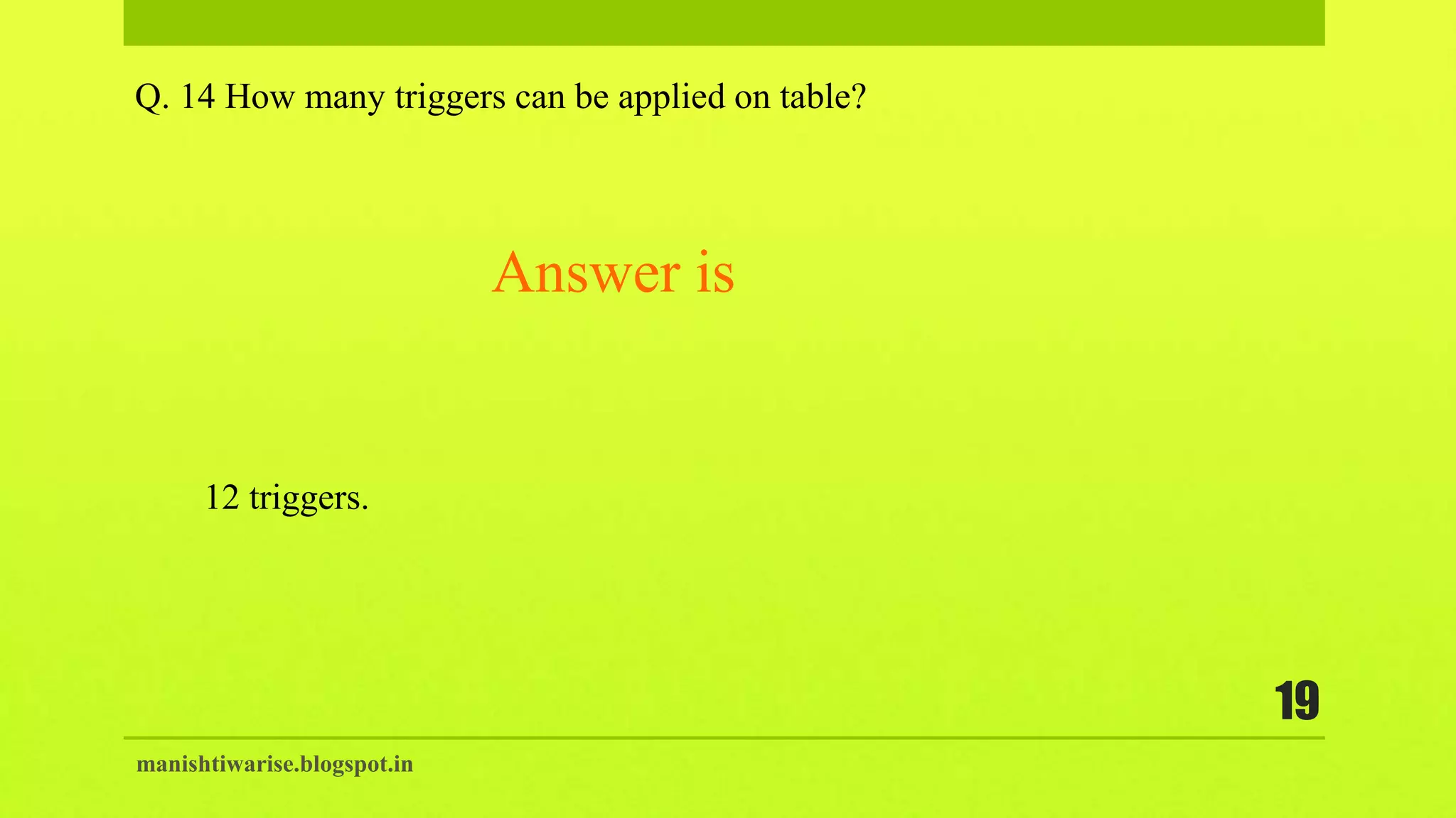manishtiwarise.blogspot.in
19
Q. 14 How many triggers can be applied on table?
12 triggers.
Answer is
 