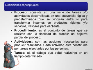 • Proceso: consiste en una serie de tareas y/o
actividades desarrolladas en una secuencia lógica y
predeterminada que se vinculan entre sí para
transformar insumos en productos (bienes y/o
servicios) valiosos para el cliente.
• Procedimiento: es el conjunto de tareas que se
realizan con la finalidad de cumplir un objetivo
parcial del proceso.
• Actividades: son las acciones necesarias para
producir resultados. Cada actividad está constituida
por tareas ejercitadas por las personas.
• Tareas: es el trabajo que debe realizarse en un
tiempo determinado.
 
