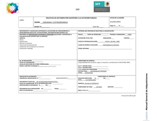 289



                                     SOLICITUD DE DICTAMEN POR EXCEPCIÓN A LA LICITACIÓN PUBLICA                                                                               FECHA DE LA SESIÓN
LOGO                                                                                                                                                                            
                       SESIÓN ___(ORDINARIA  O EXTRAORDINARIA)                                                                                                                 (DIA/MES/AÑO) 
                                                                                                                                                                                
                                                                                                                                                                               Hoja No.___ DE ____ 
                       Sesión No_________                                                                                                           Caso No. ____ 
 
ANTECEDENTES Y CAUSAS QUE JUSTIFIQUEN LA APLICACIÓN DEL PROCEDIMIENTO A                                       CRITERIOS QUE SERVIRAN DE BASE PARA LA ADJUDICACIÓN :
INSTRUMENTAR (SOLICITUD, JUSTIFICACIONES, DOCUMENTACIÓN SOPORTE ETC) 
(DESCRIBIR LOS MOTIVOS QUE JUSTIFICAN LA EXCEPCIÓN SOLICITADA Y ESPECIFICAR LA                                PRECIO:_____   COSTO DE OPERACIÓN ___________   PERIODO A CONSIDERAR ____(AÑO)
DOCUMENTACIÓN SOPORTE QUE LO AMPARA)                                                                           
EJEMPLO:                                                                                                      COTIZACIÓN TOTAL POR:                                REQUISICIÓN: ___                               PARTIDA:______ 
Oficios                                                                                                        
Requisiciones                                                                                                 PLAZO DE ENTREGA/EJECUCIÓN:___________(FECHA , DIA MES , AÑO)  
Sello de no Existencia                                                                                         
Autorización presupuestal No.                                                                                 LUGAR DE ENTREGA /EJECUCIÓN : ______(DEPENDENCIA O ENTIDAD) 
Justificación de la excepción a la Licitación                                                                  
Cotizaciones realizadas                                                                                       OTROS CRITERIOS: ____________________________________________________________ 
                                                                                                               
 
 
 
 
 
No. DE REQUISICIÓN________________                                                                            CONDICIONES DE ENTREGA: 
FECHA DE ELABORACIÓN_____________                                                                             (responsabilidad del transporte, seguro e impuestos, considerando los INCOTERMS 2000) 
FECHA DE RECEPCIÓN EN EL AREA COMPRADORA:_________________                                                     
MONTO /IMPORTE ESTIMADO: $________________________                                                            D.D.P.  DESTINO FINAL:_______________________ 
                                                                                                              D.D.U.  DESTINO FINAL:_______________________ 
                                                                                                              F.C.A. PLANTA DEL PROVEEDOR:_________________ 
                                                                                                              DESTINO FINAL:____(DEPENDENCIA O ENTIDAD) 
                                                                                                              OTRAS:___(ESPECIFICAR) 




                                                                                                                                                                                                                                    Capítulo: Manual General de Adquisiciones
                                                                                                               
PRESUPUESTO AUTORIZADO:  _____                                                                                                                  CONDICIONES DE CONTRATO
VERSIÓN DEL PRESUPUESTO No._________________                 MONTO/IMPORTE:$___________                       REQUIERE INSPECCIÓN:        SI_____             NO______ 
                                                                                                              NIVEL:_____( DE INSPECCIÓN) 
DOCUMENTO FUENTE No.__(DE AUTORIZACIÓN PRESUPUESTAL)__                                                         
FECHA DE ELABORACIÓN  DE LA AUTORIZACIÓN (CAP)  : ______________                                              MONEDA:  (EN QUE SE CONTRATA)  
VERIFICACIÓN DE EXISTENCIAS:   SI_____      NO_____                                                            
                                                                                                              CONDICIONES DE PAGO:   ____(EN DIAS)                  ANTICIPO:  ____________ 
DOCUMENTO SELLO REQUISICIÓN :   No:‐___________         FECHA___________                                       
NIVEL DE EXISTENCIAS_____________________                                                                     BASE (FORMULA)_________________ 
                                                                                                               
                                                                                                                                                                                                                           
                                                                                                                                                                                                      Formato FO‐CON‐18_00 
 
