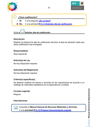 60




     ¿Tiene codificación?
      Si:     Ir a la pregunta ¿Es un bien?
      No:     Ir a la actividad #7.2.1.4 Solicitar alta de codificación



7.2.1.4       Solicitar alta de codificación



Descripción
Realizar la solicitud de alta de codificación del bien al área de almacén hasta que
dicha codificación sea entregada.


Responsable(s)
Área requirente


Artículo(s) de Ley
No hay disposición expresa


Artículo(s) del Reglamento
No hay disposición expresa


Criterio(s) específico(s)
Se deberán codificar los bienes o servicios en las requisiciones de acuerdo a un
catálogo de materiales establecido por la dependencia o entidad.

                                                                                      Capítulo: Manual General de Adquisiciones
Formato sugerido
Ninguno


Interrelaciones


      Consultar el Manual General de Recursos Materiales y Servicios
      Ir a la actividad #7.2.1.8 Preparar documentación soporte
 