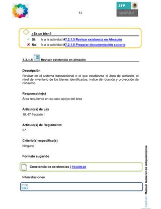 61




       ¿Es un bien?
       Si:    Ir a la actividad #7.2.1.5 Revisar existencia en Almacén
       No:    Ir a la actividad #7.2.1.8 Preparar documentación soporte



7.2.1.5       Revisar existencia en almacén



Descripción
Revisar en el sistema transaccional o el que establezca el área de almacén, el
nivel de inventario de los bienes identificados, índice de rotación y proyección de
consumo.


Responsable(s)
Área requirente en su caso apoyo del área


Artículo(s) de Ley
19, 47 fracción I


Artículo(s) de Reglamento
27


Criterio(s) específico(s)
Ninguno                                                                               Capítulo: Manual General de Adquisiciones


Formato sugerido


     Constancia de existencias | FO-CON-02


Interrelaciones
 