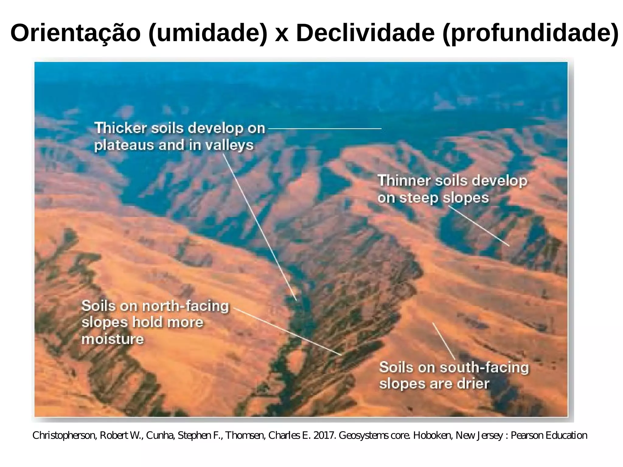 Christopherson, RobertW., Cunha, StephenF., Thomsen, CharlesE. 2017. Geosystemscore. Hoboken, New Jersey : PearsonEducation
Orientação (umidade) x Declividade (profundidade)
 