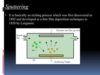 Sputtering
• It is basically an etching process which was first discovered in
1892 and developed as a thin film deposition techniques in
1920 by Langmuir.
 