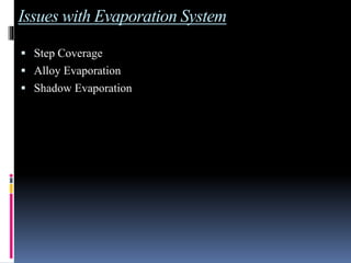 Issues with Evaporation System
 Step Coverage
 Alloy Evaporation
 Shadow Evaporation
 