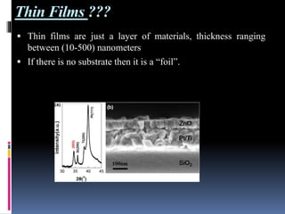 Thin Films ???
 Thin films are just a layer of materials, thickness ranging
between (10-500) nanometers
 If there is no substrate then it is a “foil”.
fig: Zno thin film deposited on a substrate
 