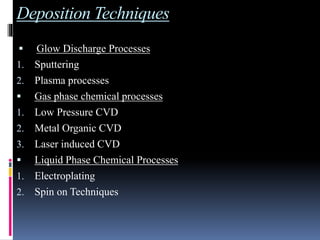Deposition Techniques
 Glow Discharge Processes
1. Sputtering
2. Plasma processes
 Gas phase chemical processes
1. Low Pressure CVD
2. Metal Organic CVD
3. Laser induced CVD
 Liquid Phase Chemical Processes
1. Electroplating
2. Spin on Techniques
 