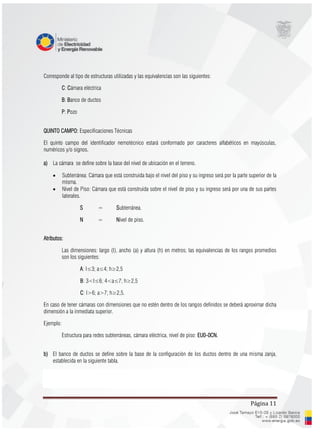 Página 11
Corresponde al tipo de estructuras utilizadas y las equivalencias son las siguientes:
C: Cámara eléctrica
B: Banco de ductos
P: Pozo
QUINTO CAMPO: Especificaciones Técnicas
El quinto campo del identificador nemotécnico estará conformado por caracteres alfabéticos en mayúsculas,
numéricos y/o signos.
a) La cámara se define sobre la base del nivel de ubicación en el terreno.
 Subterránea: Cámara que está construida bajo el nivel del piso y su ingreso será por la parte superior de la
misma.
 Nivel de Piso: Cámara que está construida sobre el nivel de piso y su ingreso será por una de sus partes
laterales.
S = Subterránea.
N = Nivel de piso.
Atributos:
Las dimensiones: largo (l), ancho (a) y altura (h) en metros; las equivalencias de los rangos promedios
son los siguientes:
A: l≤3; a≤4; h≥2,5
B: 3<l≤6; 4<a≤7; h≥2,5
C: l>6; a>7; h≥2,5.
En caso de tener cámaras con dimensiones que no estén dentro de los rangos definidos se deberá aproximar dicha
dimensión a la inmediata superior.
Ejemplo:
Estructura para redes subterráneas, cámara eléctrica, nivel de piso: EU0-0CN.
b) El banco de ductos se define sobre la base de la configuración de los ductos dentro de una misma zanja,
establecida en la siguiente tabla.
 