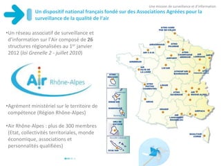 Un dispositif national français fondé sur des Associations Agréées pour la
surveillance de la qualité de l’air
Une mission de surveillance et d’information
•Un réseau associatif de surveillance et
d’information sur l’Air composé de 26
structures régionalisées au 1er janvier
2012 (loi Grenelle 2 - juillet 2010)
•Agrément ministériel sur le territoire de
compétence (Région Rhône-Alpes)
•Air Rhône-Alpes : plus de 300 membres
(Etat, collectivités territoriales, monde
économique, associations et
personnalités qualifiées)
 