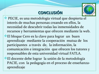 CONCLUSIÓNCONCLUSIÓN
 PECIE, es una metodología virtual que despierta el
interés de muchas personas creando en ellos, la
necesidad de descubrir todas las inmensidades de
recursos y herramientas que ofrecen mediante la web.
El bloque Cero es la clave para lograr un buen
aprendizaje mediante la cooperación mutua de los
participantes a través de, la información, la
comunicación e integración que ofrecen los tutores y
responsables de esta universidad virtual FATLA.
El docente debe lograr la unión de la metodología
PACIE, con la pedagogía en el proceso de enseñanza-
aprendizaje
 