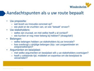 W i n d e s h e i m z e t k e n n i s i n w e r k i n g
Aandachtspunten als u uw route bepaalt
• Uw propositie:
– wat levert uw innovatie concreet op?
– wie plukt er de vruchten van, en wie “betaalt” ervoor?
• Uw stakeholders:
– welke zijn cruciaal, en met welke heeft u al contact?
– wie kunnen er nog meer belang bij hebben? (draagvlak!)
• Belangen:
– welke belangen hebben uw stakeholders bij uw innovatie?
– hoe overbrugt u strijdige belangen (bijv. van zorgaanbieder en
zorgverzekeraar)?
• Argumenten en bewijslast:
– met welke argumenten en bewijslast wilt u uw stakeholders overtuigen?
– heeft u voldoende tijd, middelen en expertise om die bewijslast te
verzamelen?
 