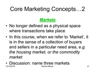 10/15/2019 Mamta Mohan 21
Core Marketing Concepts…2
Markets
• No longer defined as a physical space
where transactions take place
• In this course, when we refer to ‘Market’, it
is in the sense of a collection of buyers
and sellers in a particular need area, e.g.
the housing market, or the commodity
market
• Discussion: name three markets
 