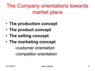 10/15/2019 Mamta Mohan 9
The Company orientations towards
market place
• The production concept
• The product concept
• The selling concept
• The marketing concept
-customer orientation
-competitor orientation
 