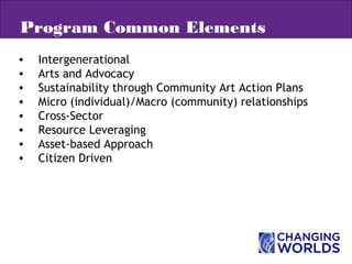 • Intergenerational
• Arts and Advocacy
• Sustainability through Community Art Action Plans
• Micro (individual)/Macro (community) relationships
• Cross-Sector
• Resource Leveraging
• Asset-based Approach
• Citizen Driven
Program Common Elements
 